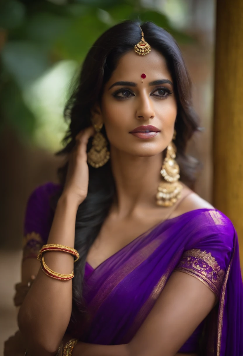 Poonam Pandey, wearing purple saree, capative looking, prayer 🙏🏻 hand joined for prayer