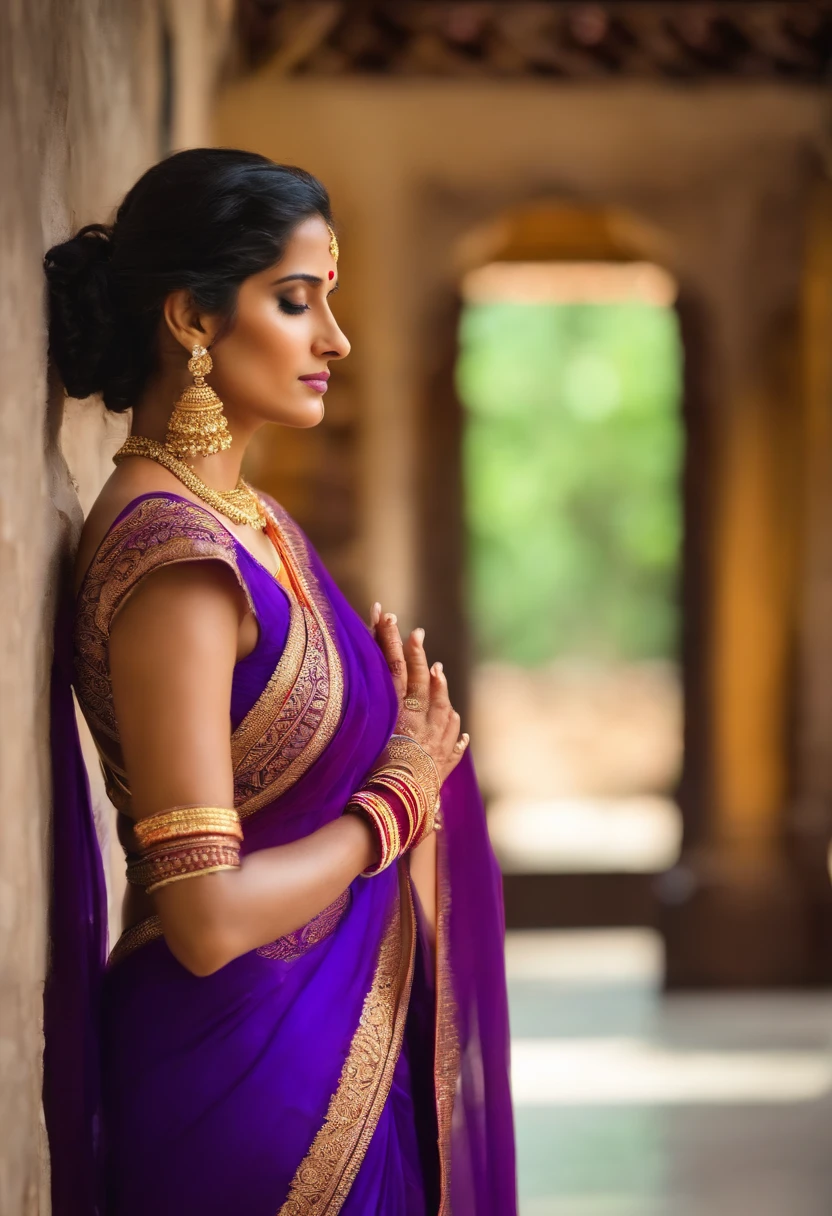Poonam Pandey, wearing purple saree, capative looking, prayer 🙏🏻 hand joined for prayer