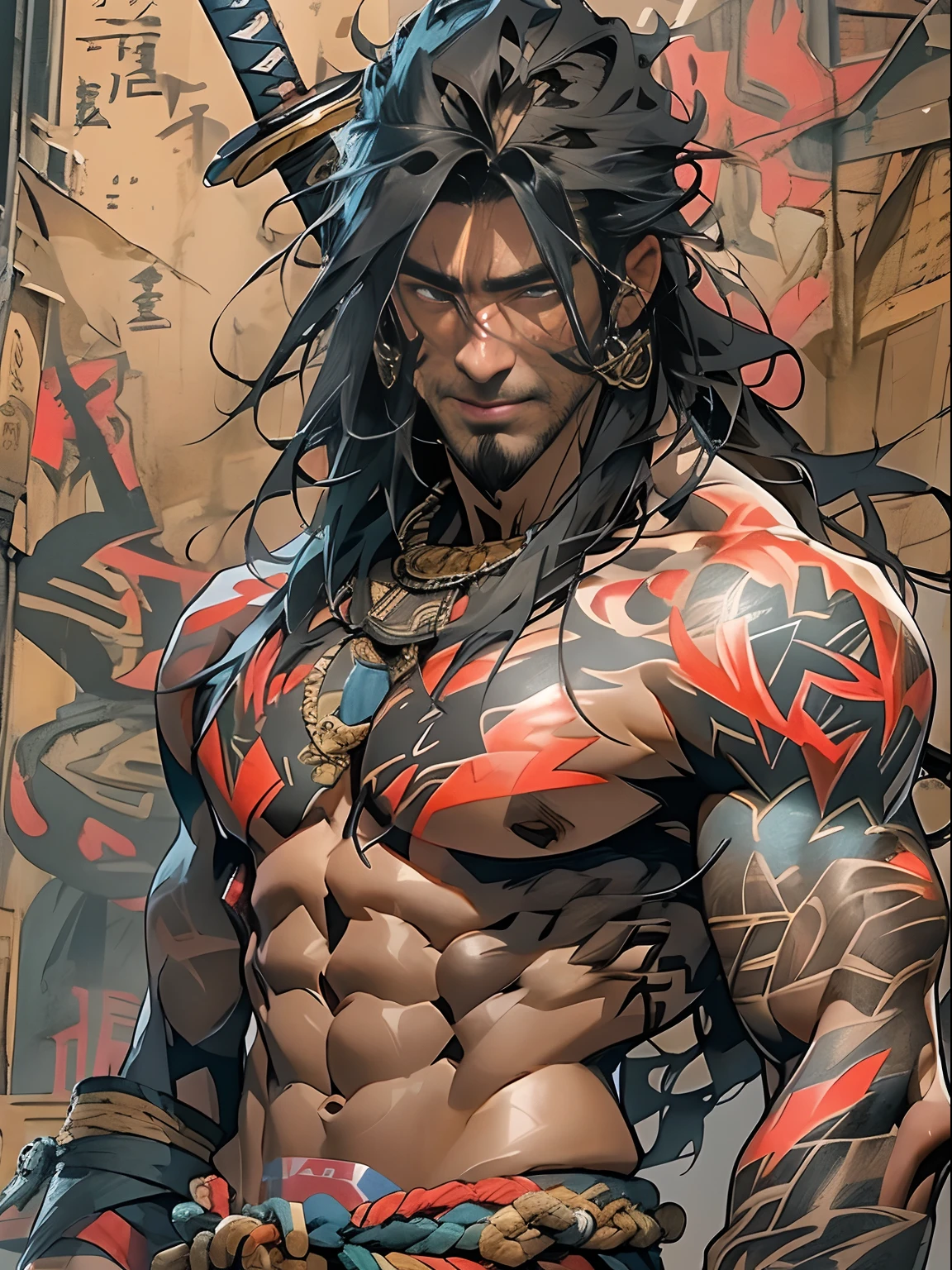 (((mtu))), (((best qualityer))), (((tmasterpiece))), (((AS-Adult))), ((( Japanese ))), Look up from your knees, Handsome Asian samurai,perfect body figure, Modern samurai, ((( Asian))), Wear gloves on your hands,The left arm is made of steel and metal tips,Made of protective devices, The eyes are pulled, (( Appears below the chest )), (( Small dental floss )), Simon Bisley, Almost naked(Simon Bisley)Castle City Wilderness,For high-resolution posters, hair straight, Minimum clothing, armure (Crazy clothes ), Full of tips and rivets, tribal tattoos, (((full bodyesbian))), Straight brunette hair,Colored hair ends