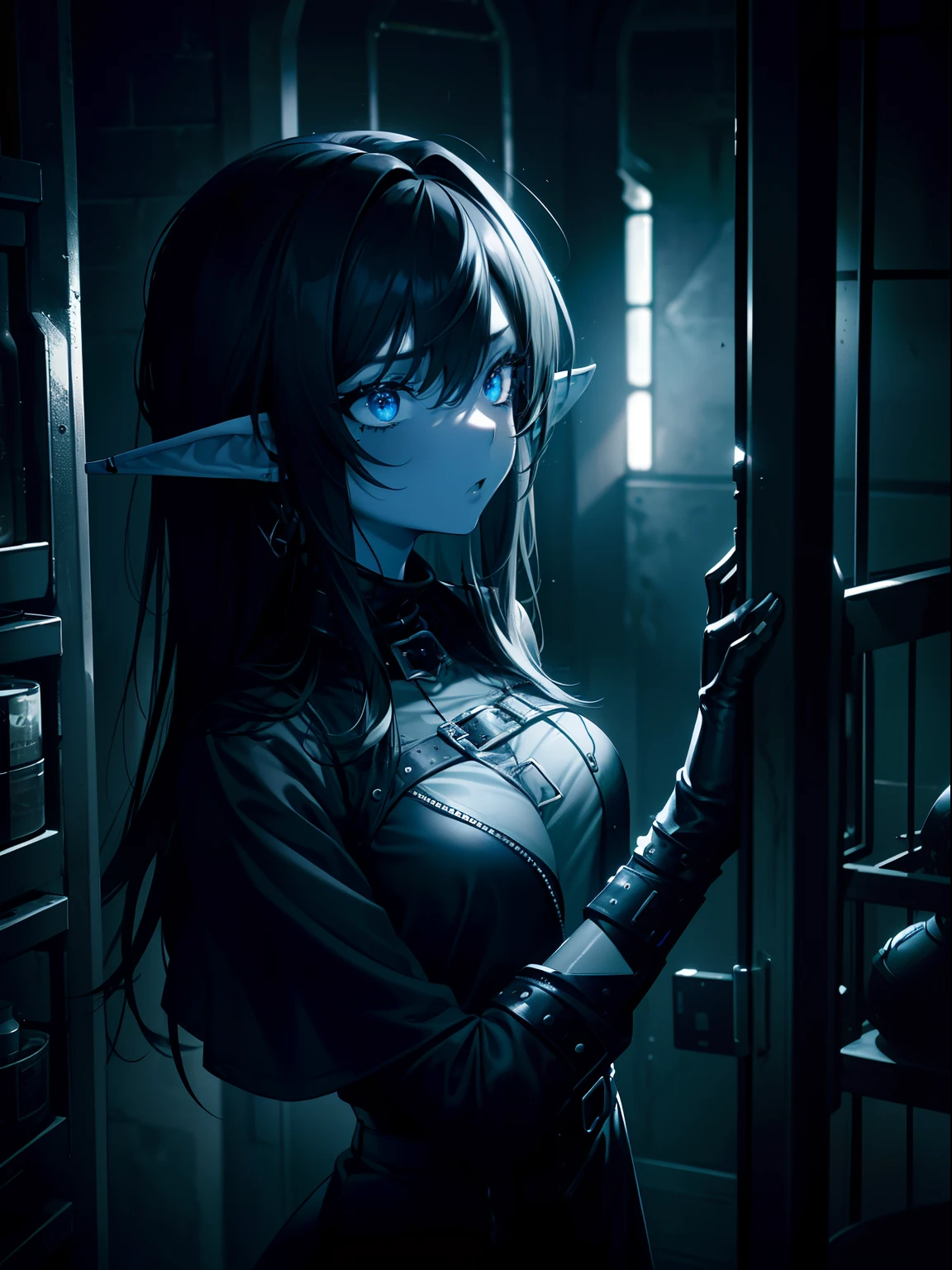 (Masterpiece, Best quality, ultra high resolution),1girl,dark black hair,elf ears,(colored skin,grey skin),aggressive expression, inside a cage,rock punk fashion,night, fog, (grey and blue theme)