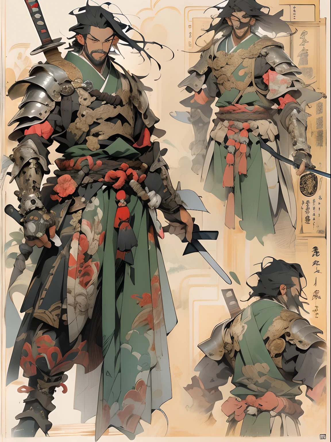 (((mtu))), (((best qualityer))), (((tmasterpiece))), (((AS-Adult))), ((( Japanese ))), Look up from your knees, Handsome Asian samurai，perfect body figure, Modern samurai, ((( Asian))), Wear gloves on your hands，The left arm is made of steel and metal tips，Made of protective devices, The eyes are pulled, (( Appears below the chest )), (( Small dental floss )), Simon Bisley, Almost naked（Simon Bisley）Castle City Wilderness，For high-resolution posters, hair straight, Minimum clothing, armure (Crazy clothes ), Full of tips and rivets, tribal tattoos, (((full bodyesbian))), Straight brunette hair，Colored hair ends