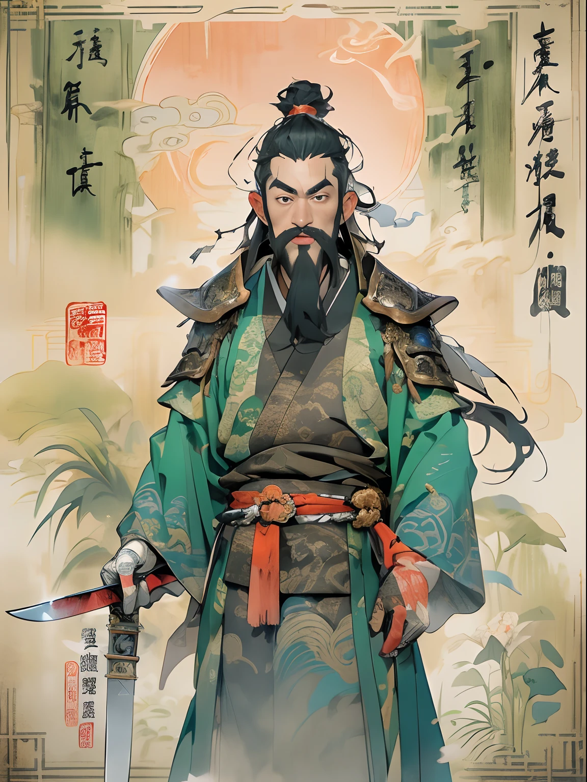 (((China-style,Ink painting method,Half-length portrait,Intense color,Han dynasty, China,Hanfu,Armor,Guan yu,Guan Yunchang,of a guy,Ruddy killing square face,Hold the Blue Dragon Moon Knife in his right hand,Stroke your beard with your left hand,Long hair,petty eyes,Green robe))), (((best qualityer))), (((tmasterpiece))), (((AS-Adult))), ((( Japanese ))), Look up from your knees, Handsome Asian samurai,perfect body figure, Modern samurai, ((( Asian))), Wear gloves on your hands,The left arm is made of steel and metal tips,Made of protective devices, The eyes are pulled, (( Appears below the chest )), (( Small dental floss )), Simon Bisley, Almost naked(Simon Bisley)Castle City Wilderness,For high-resolution posters, hair straight, Minimum clothing, armure (Crazy clothes ), Full of tips and rivets, tribal tattoos, (((full bodyesbian))), Straight brunette hair,Colored hair ends