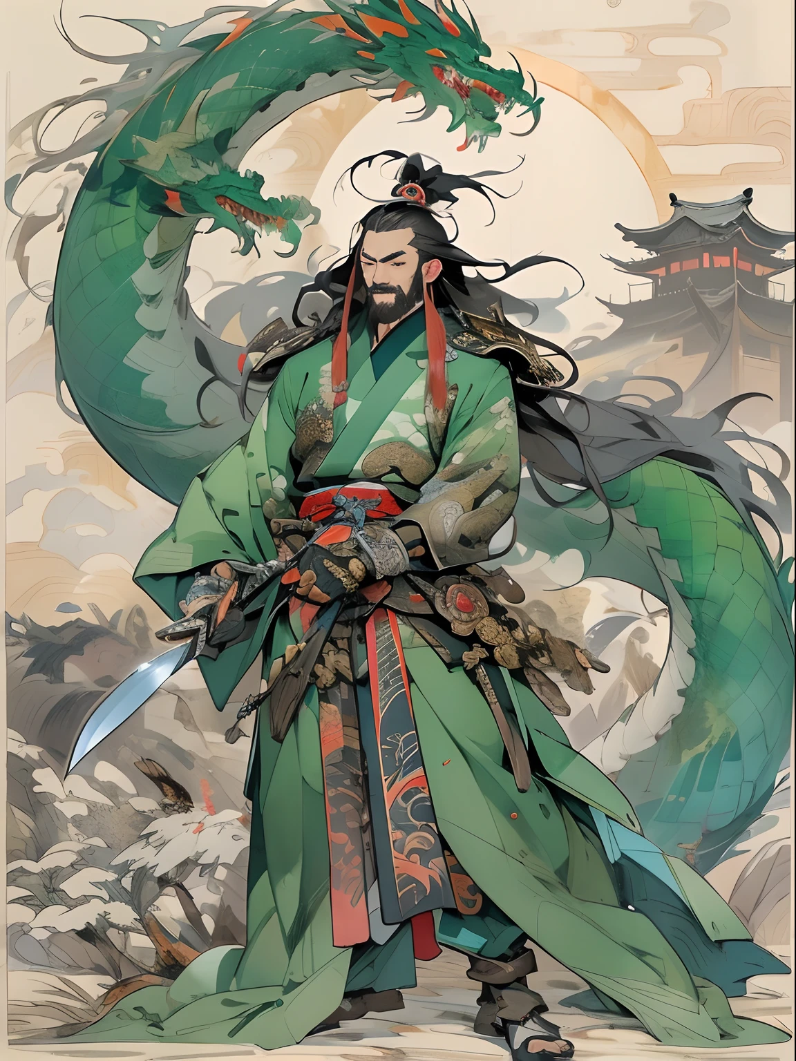 (((China-style，Ink painting method，Half-length portrait，Intense color，Han dynasty, China，Hanfu，Armor，Guan yu，Guan Yunchang，of a guy，Ruddy killing square face，Hold the Blue Dragon Moon Knife in his right hand，Stroke your beard with your left hand，Long hair，petty eyes，Green robe))), (((best qualityer))), (((tmasterpiece))), (((AS-Adult))), ((( Japanese ))), Look up from your knees, Handsome Asian samurai，perfect body figure, Modern samurai, ((( Asian))), Wear gloves on your hands，The left arm is made of steel and metal tips，Made of protective devices, The eyes are pulled, (( Appears below the chest )), (( Small dental floss )), Simon Bisley, Almost naked（Simon Bisley）Castle City Wilderness，For high-resolution posters, hair straight, Minimum clothing, armure (Crazy clothes ), Full of tips and rivets, tribal tattoos, (((full bodyesbian))), Straight brunette hair，Colored hair ends