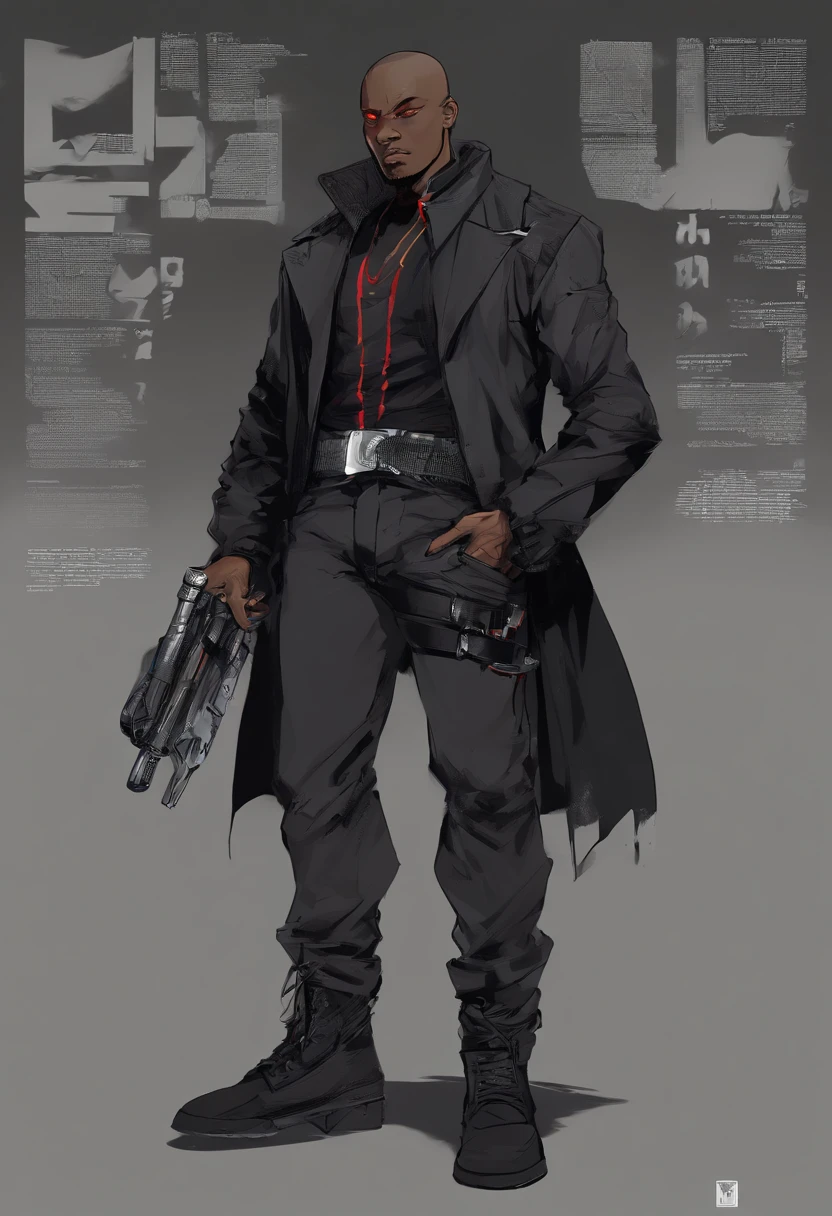 An dark skinned gangster with an cool buzzcut and half shaved hair, his outfit consists of an black short sleeved jacket that goes down to just above his waist, giving him somewhat of a midriff. The jacket is zipped up halfway, revealing some of his chest. Carmine's legwear consists of a pair of baggy, blood red pants, which are held up by a black and silver belt. He also has black leather boots on