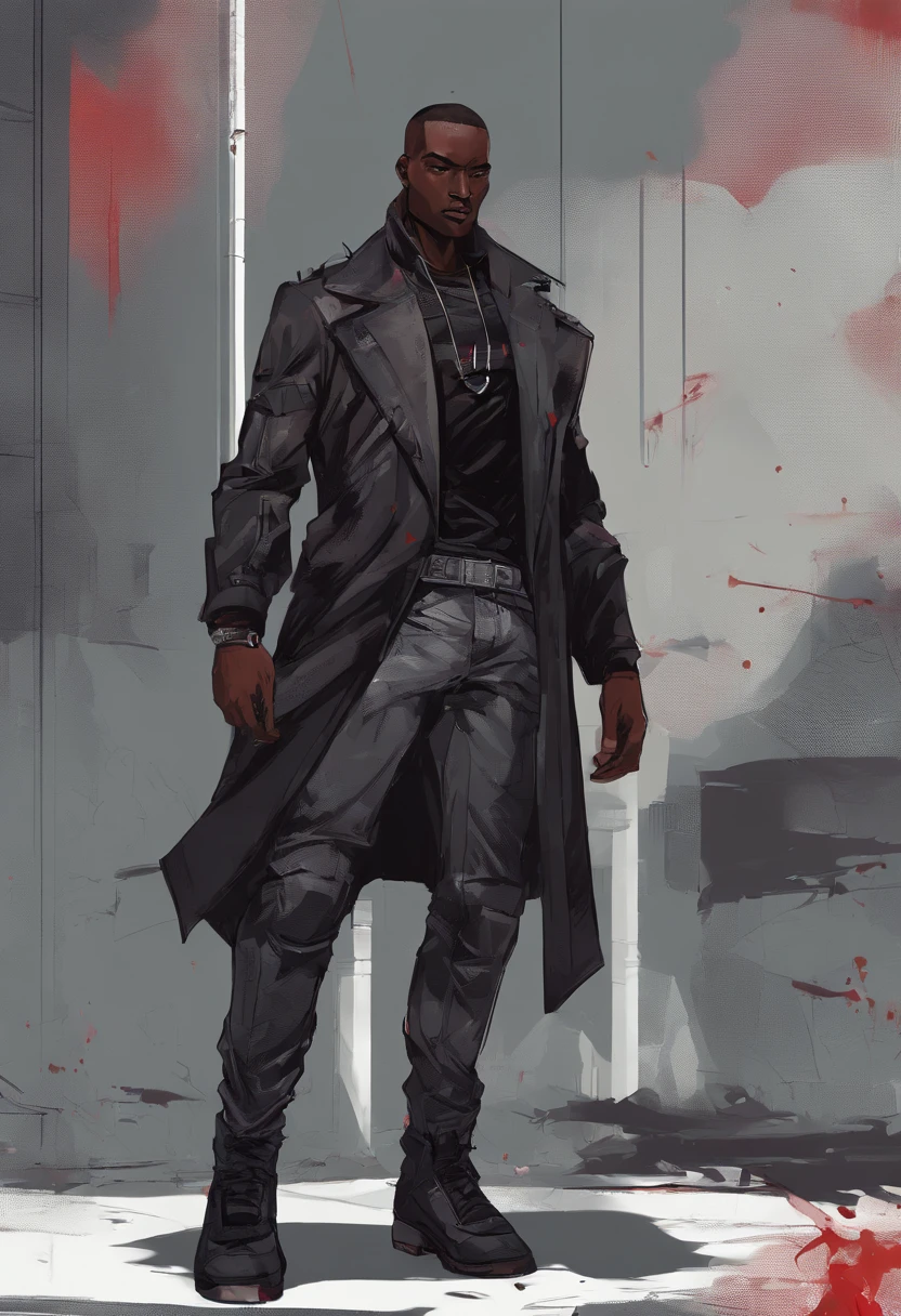 An dark skinned gangster with an cool buzzcut and half shaved hair, his outfit consists of an black short sleeved jacket that goes down to just above his waist, giving him somewhat of a midriff. The jacket is zipped up halfway, revealing some of his chest. Carmine's legwear consists of a pair of baggy, blood red pants, which are held up by a black and silver belt. He also has black leather boots on