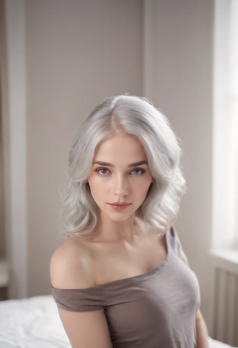 portrait of a beautiful young woman, ((silver hair)), wavy hair, small breasts, in bedroom, tee shirt, symmetrical, simple background, ultra high res, 8k