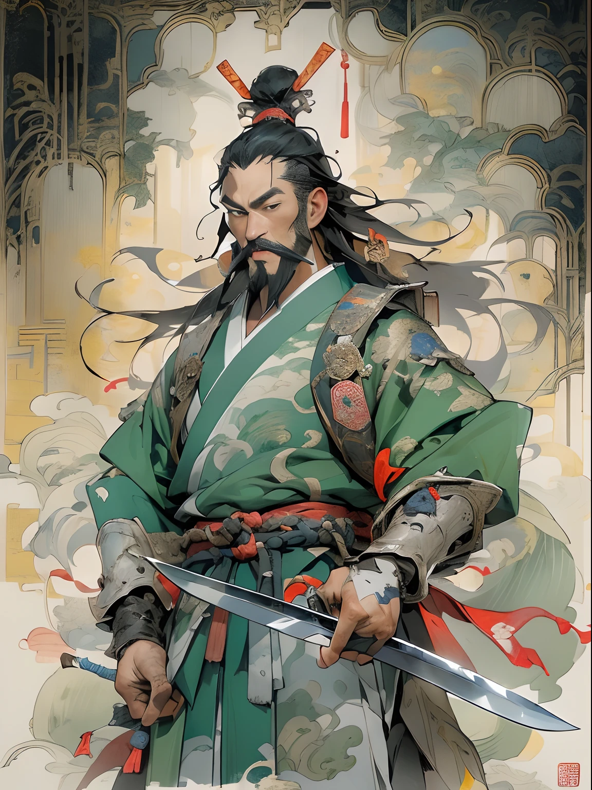 (((China-style，Ink painting method，Half-length portrait，Intense color，Han dynasty, China，Hanfu，Armor，Guan yu，Guan Yunchang，of a guy，Ruddy killing square face，Hold the Blue Dragon Moon Knife in his right hand，Stroke your beard with your left hand，Long hair，petty eyes，Green robe))), (((best qualityer))), (((tmasterpiece))), (((AS-Adult))), ((( Japanese ))), Look up from your knees, Handsome Asian samurai，perfect body figure, Modern samurai, ((( Asian))), Wear gloves on your hands，The left arm is made of steel and metal tips，Made of protective devices, The eyes are pulled, (( Appears below the chest )), (( Small dental floss )), Simon Bisley, Almost naked（Simon Bisley）Castle City Wilderness，For high-resolution posters, hair straight, Minimum clothing, armure (Crazy clothes ), Full of tips and rivets, tribal tattoos, (((full bodyesbian))), Straight brunette hair，Colored hair ends