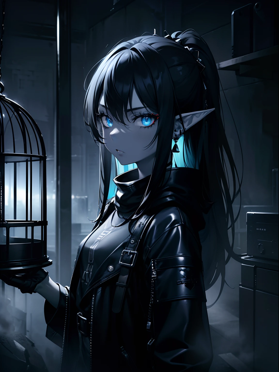 (Masterpiece, Best quality, ultra high resolution),1girl,dark black hair,elf ears,(colored skin,grey skin),aggressive expression, inside a cage,rock punk fashion,night, fog, (grey and blue theme)