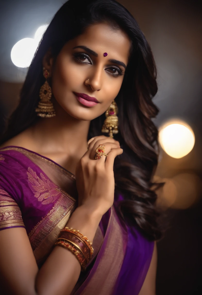 Poonam Pandey, close potrait, wearing purple saree, capative looking, prayer 🙏🏻 hand joined for prayer