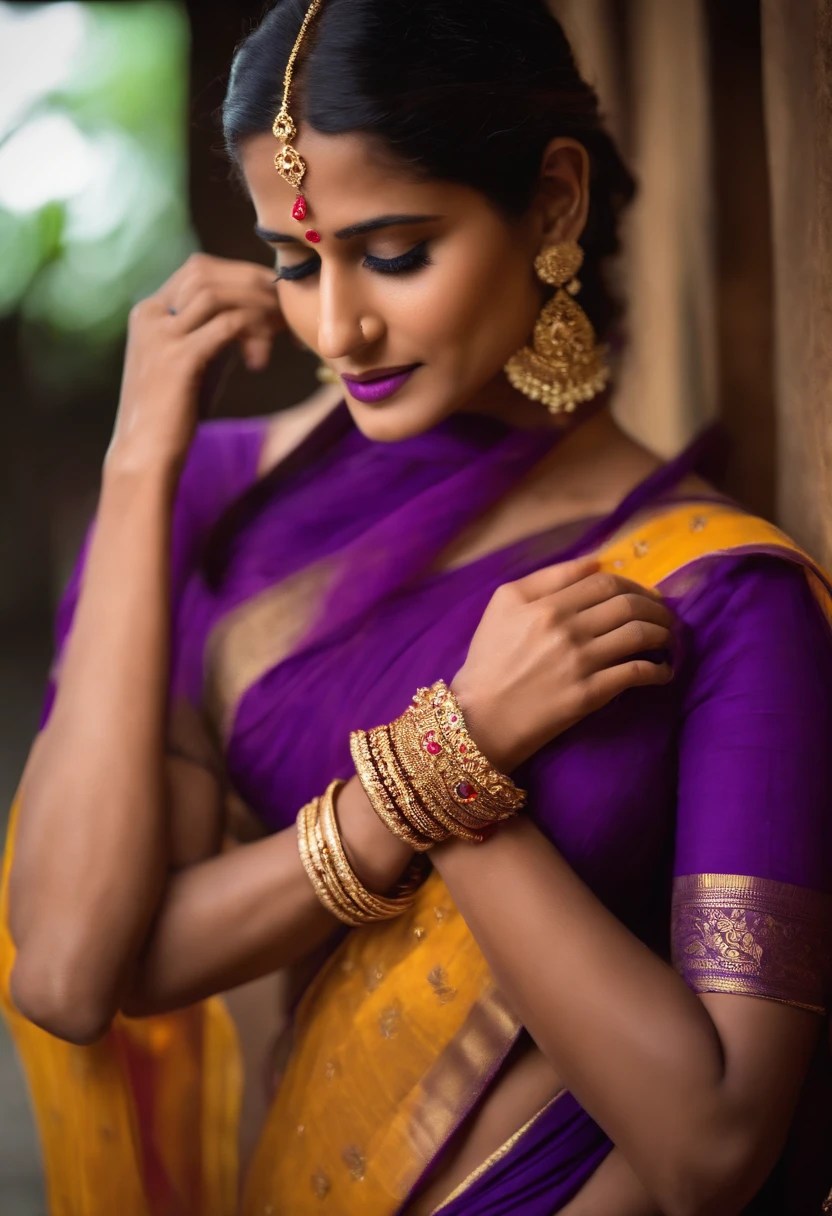 Poonam Pandey, close potrait, wearing purple saree, capative looking, prayer 🙏🏻 hand joined for prayer