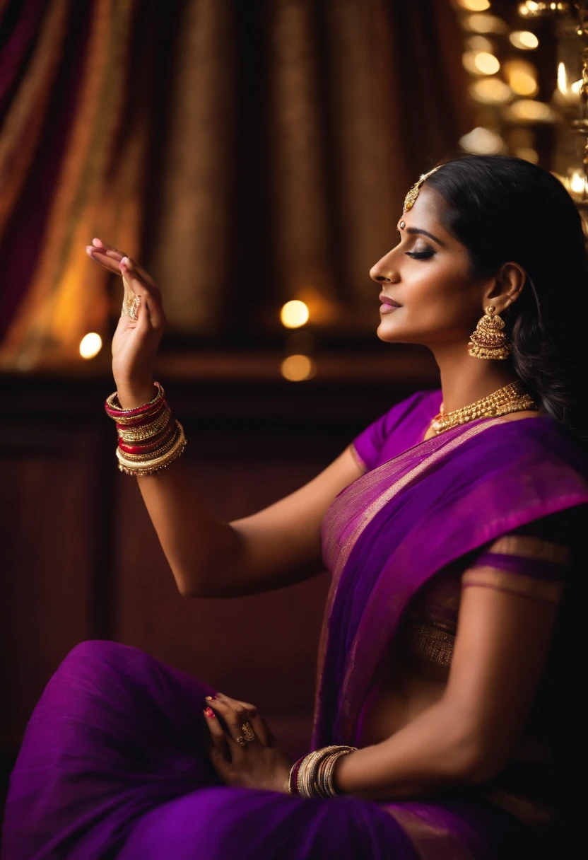Poonam Pandey, close potrait, wearing purple saree, capative looking, prayer 🙏🏻 hand joined for prayer