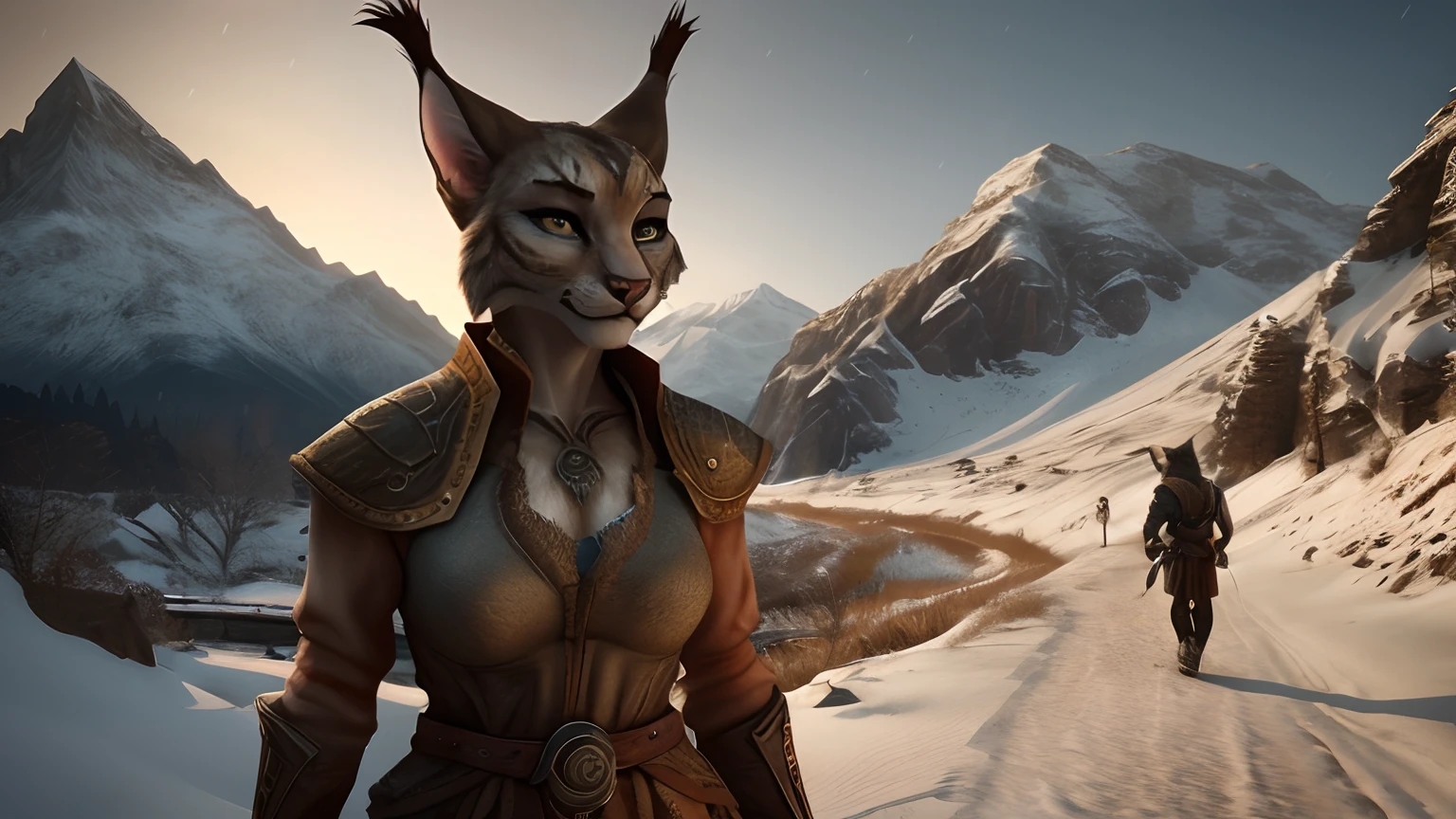 Khajiit from "the elder Scrolls", woman's, Seductive fitness body, grey fur, Lynx ears, walking, mountains, snow