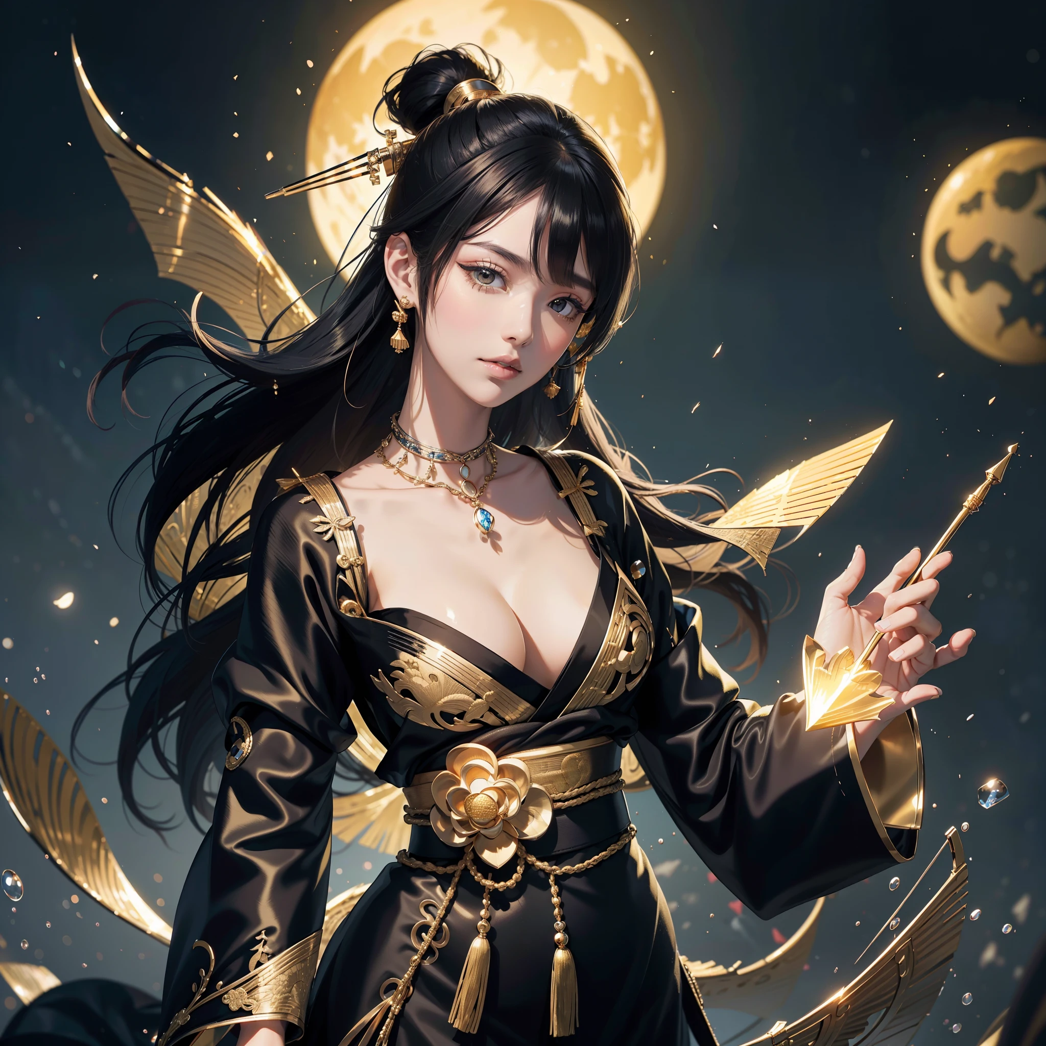 watching at viewers、Background with(ancient city:1.2)(a moon:1)、poneyTail、Woman with shiny black hair、{{{Luxury kimono(Black kimono(Detailed golden embroidery,))}}}、face perfect,Depict a beautiful and graceful woman of Japan。Heart in the eye。full body Esbian。 Wallpaper 8K, .Blur the background with a sickle,((masutepiece)), ((Best Quality))