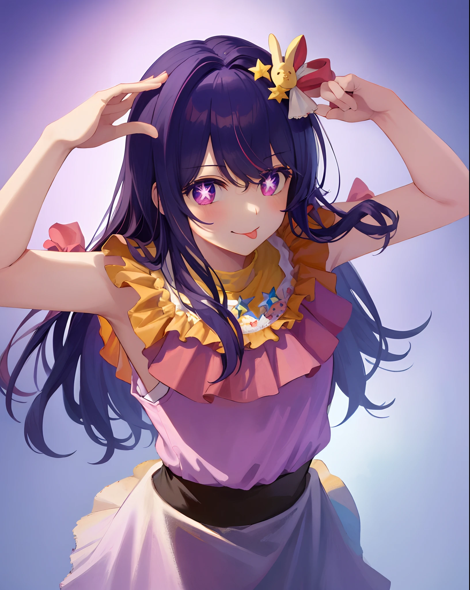 1girl, full body, cowboy shot,
(Rembrandt), illustration, (masterpiece), (best quality), (ultra_detailed), finely detail, (Depth of field),
HshinoAi,gloves, tongue out, tongue, long hair, star \(symbol\), looking at viewer, (purple hair:1.2), purple eyes, upper body, hair ornament, :p, frills, pink shirt, smile, sleeveless, shirt, idol, symbol-shaped pupils, hands up, bangs, one side up, star-shaped pupils, arms up,
dress pull,
Roaring Twenties, isometric, from above, sky, flower, cliff,