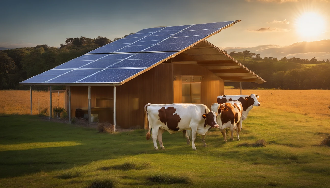 cows grazing in a field with solar panels on the roof, solar field plains, Sistema solar coberto, agricultura, Directed by: John Armleder, photo rendering, movido a energia solar, conceptual rendering, fazenda scifi, energia solar