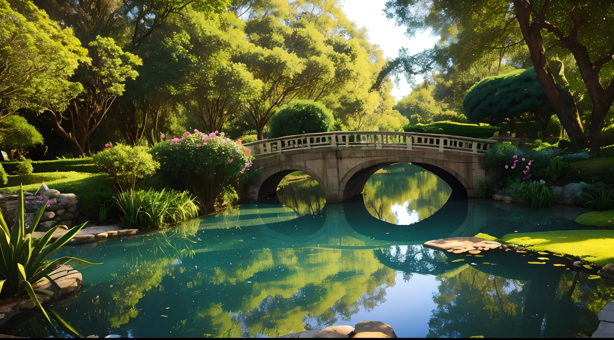 There is a garden with a pond and a bridge, jardim com varias flores coloridas e arvores frutiferas, um lago no meio dividindo a paisagem em duas, uma ponte que liga as duas extreminadades, great quality, luz dinamica, sombras dinamicas, Professional Photography, melhor qualidade, paisagem dos sonhos, divine lighting, Fantastic lighting, jardim encantado