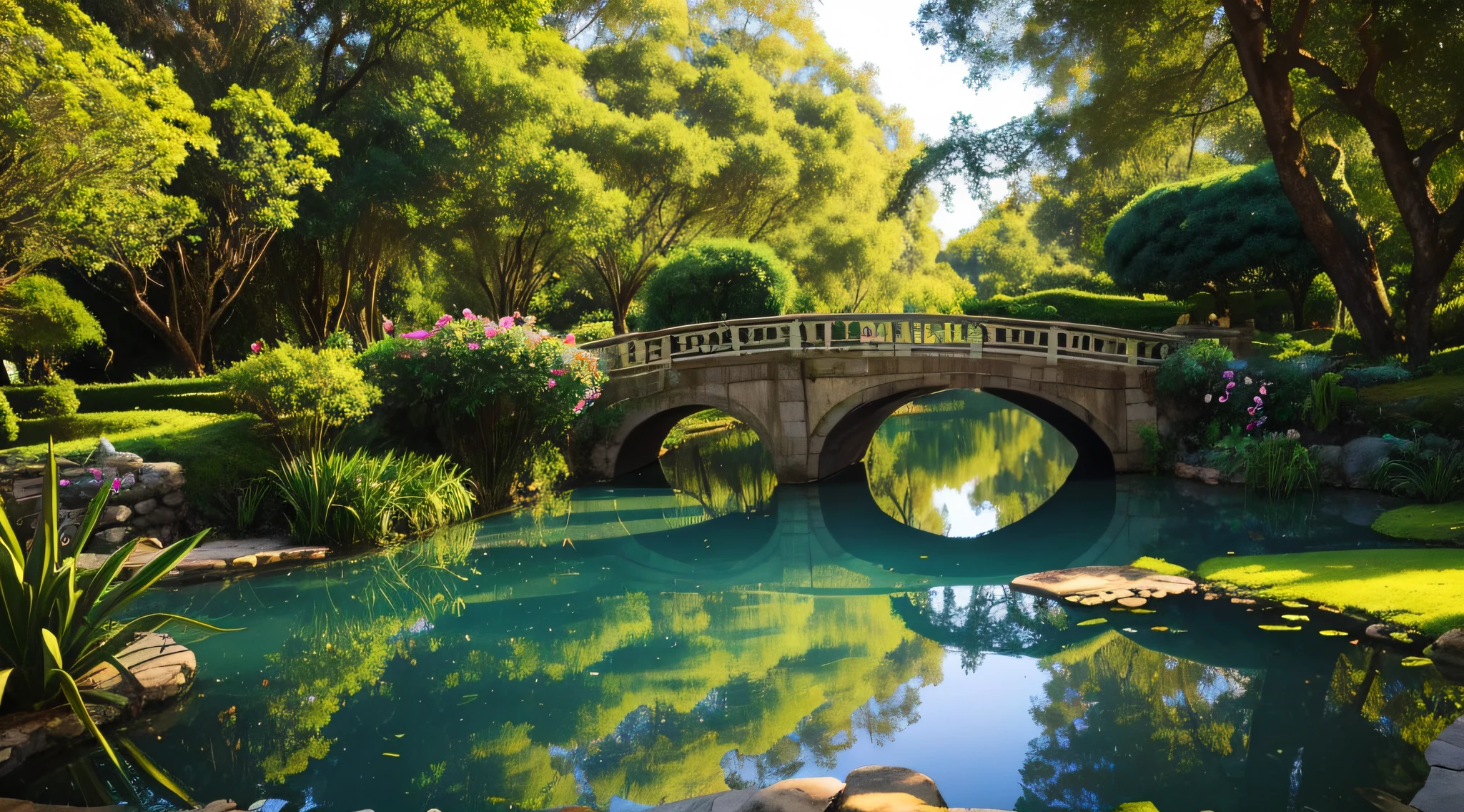 There is a garden with a pond and a bridge, jardim com varias flores coloridas e arvores frutiferas, um lago no meio dividindo a paisagem em duas, uma ponte que liga as duas extreminadades, great quality, luz dinamica, sombras dinamicas, Professional Photography, melhor qualidade, paisagem dos sonhos, divine lighting, Fantastic lighting, jardim encantado