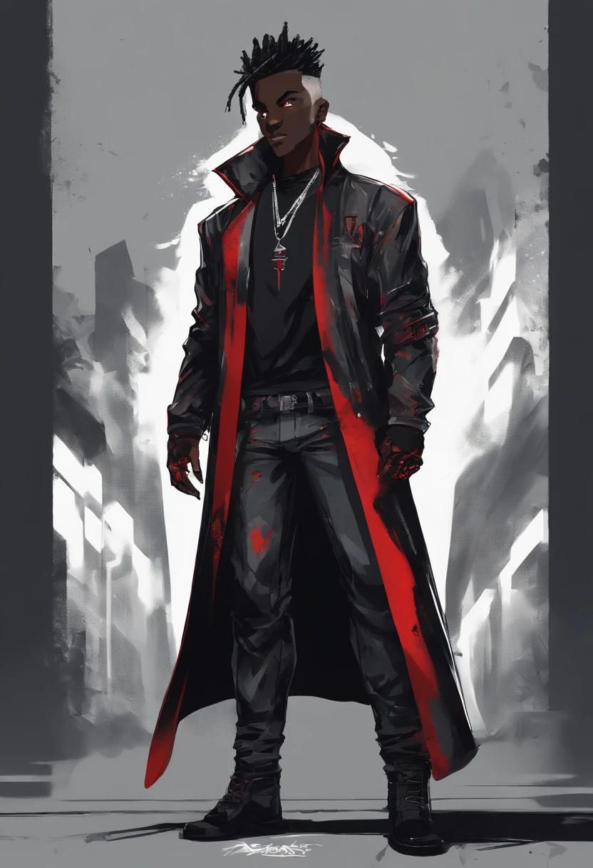 An dark skinned gangster with cool half shaved punk style hair,  his outfit consists of an black short sleeved jacket that goes down to just above his waist, giving him somewhat of a midriff. The jacket is zipped up halfway, revealing some of his chest. his legwear consists of a pair of baggy, blood red pants, which are held up by a black and silver belt. He also has black leather boots on, fur collar jacket, red eyes