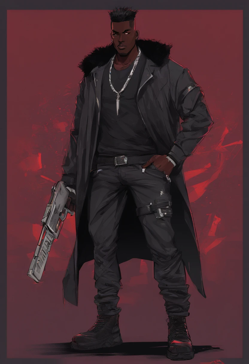 An dark skinned gangster with cool half shaved punk style hair, his outfit consists of an black short sleeved jacket that goes down to just above his waist, giving him somewhat of a midriff. The jacket is zipped up halfway, revealing some of his chest. his legwear consists of a pair of baggy, blood red pants, which are held up by a black and silver belt. He also has black leather boots on, fur collar jacket, red eyes
