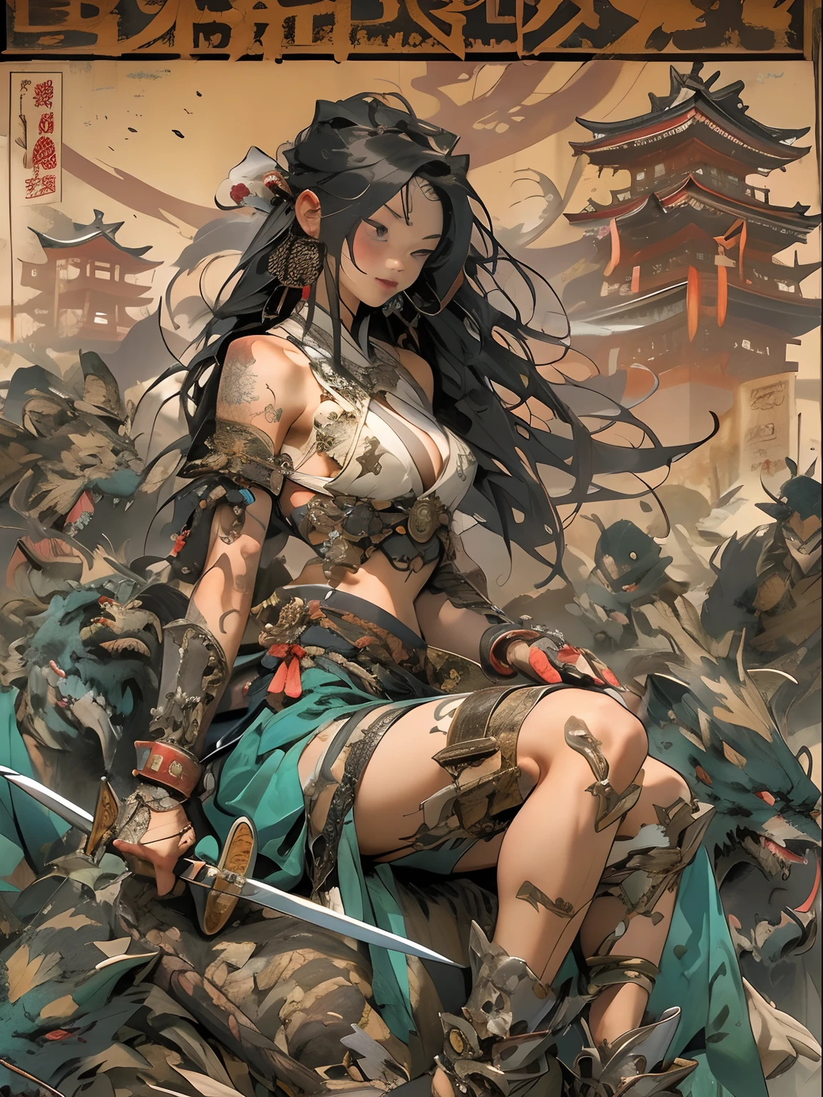 (((woman))), (((best qualityer))), (((tmasterpiece))), (((AS-Adult))), ((( Japanese ))), Look up from your knees, A beautiful asian samurai woman with perfect body, Modern samurai, ((( Asian))), Wear gloves on your hands,The left arm is made of steel and metal tips,Made of protective devices, The eyes are pulled, (( Appears below the breast )), (( Small dental floss )), Simon Bisley, Almost naked(Simon Bisley)Castle City Wilderness,For high-resolution posters, hair straight, Minimum clothing, armure (Crazy clothes ), Full of tips and rivets, tribal tattoos, (((full bodyesbian))), Straight brunette hair,Colored hair ends