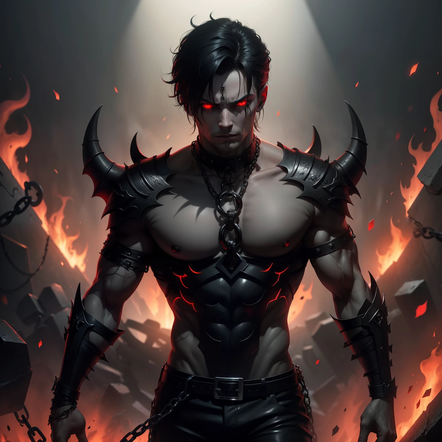 Male darkness in Hell, with red eyes, chains and darknesses