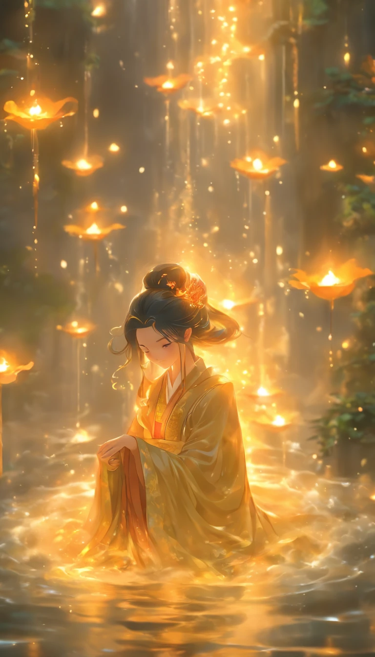 (Masterpiece, Best quality), 1girll(atenea_Asamiya Palace), Cute dress, Long black hair, Sitting, Beautiful outdoor background, Night, forest,highly detailed surreal vfx,China ink painting,water ink,ink,Smudge,downpours,Get wet,water,Jets of water surround you,Gravity-resistant water column,Spiral,China-style,中景 the scene is,super-fine,ultra - detailed,high qulity,8K ,Sharply focus the eyes,中景 the scene is,Full body like,oc rendered