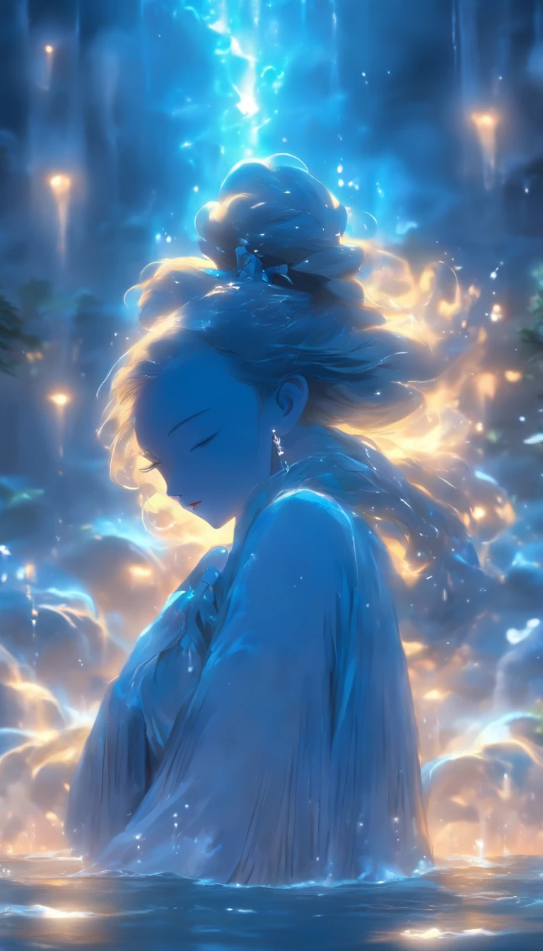 (Masterpiece, Best quality), 1girll(atenea_Asamiya Palace), Cute dress, Long black hair, Sitting, Beautiful outdoor background, Night, forest,highly detailed surreal vfx,China ink painting,water ink,ink,Smudge,downpours,Get wet,water,Jets of water surround you,Gravity-resistant water column,Spiral,China-style,中景 the scene is,super-fine,ultra - detailed,high qulity,8K ,Sharply focus the eyes,中景 the scene is,Full body like,oc rendered