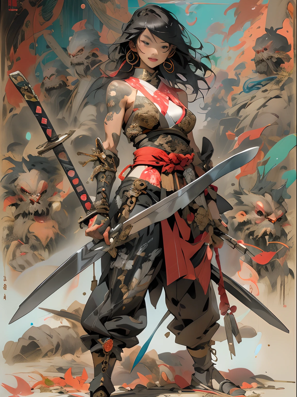(((woman))), (((best qualityer))), (((tmasterpiece))), (((AS-Adult))), ((( Japanese ))), Look up from your knees, A beautiful asian samurai woman with perfect body, Modern samurai, ((( Asian))), Wear gloves on your hands,The left arm is made of steel and metal tips,Made of protective devices, The eyes are pulled, (( Appears below the breast )), (( Small dental floss )), Simon Bisley, Almost naked(Simon Bisley)Castle City Wilderness,For high-resolution posters, hair straight, Minimum clothing, armure (Crazy clothes ), Full of tips and rivets, tribal tattoos, (((full bodyesbian))), Straight brunette hair,Colored hair ends
