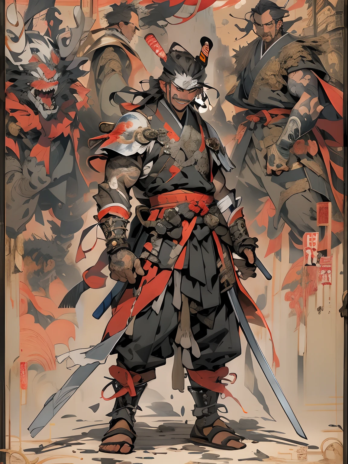 (((mtu))), (((best qualityer))), (((tmasterpiece))), (((AS-Adult))), ((( Japanese ))), Look up from your knees, Handsome Asian samurai,perfect body figure, Modern samurai, ((( Asian))), Wear gloves on your hands,The left arm is made of steel and metal tips,Made of protective devices, The eyes are pulled, (( Appears below the chest )), (( Small dental floss )), Simon Bisley, Almost naked(Simon Bisley)Castle City Wilderness,For high-resolution posters, hair straight, Minimum clothing, armure (Crazy clothes ), Full of tips and rivets, tribal tattoos, (((full bodyesbian))), Straight brunette hair,Colored hair ends