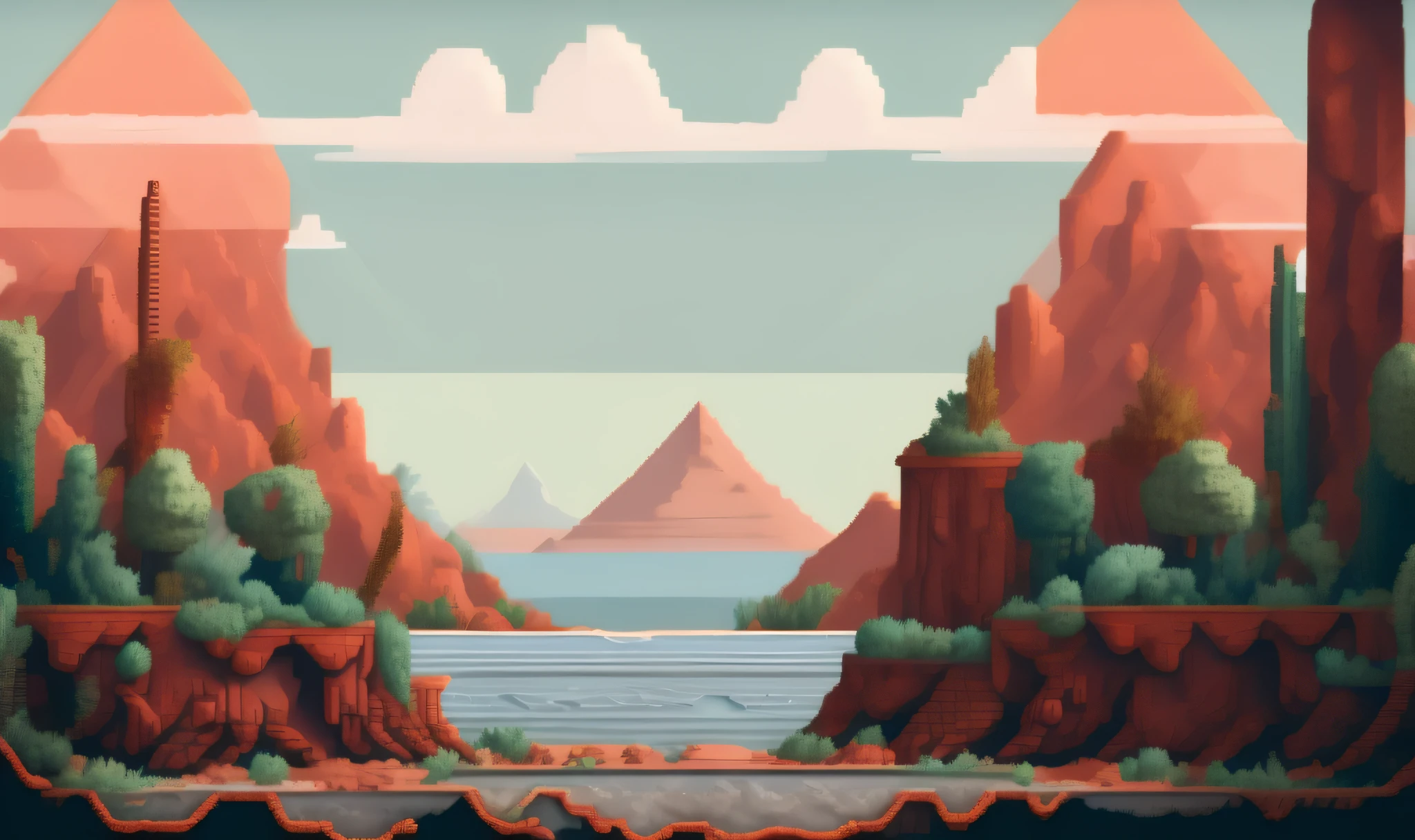 pixelart photorealistic stylized A photo of a space landscape with red sand dunes, space trees, and a distant mesa., video game concept art