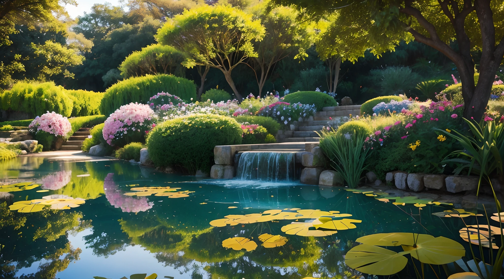 There is a garden with a pond and a bridge, jardim com varias flores coloridas e arvores frutiferas, um lago no meio dividindo a paisagem em duas, uma ponte que liga as duas extreminadades, great quality, dynamic light, dynamic shadows, fotografia profissional, melhor qualidade, paisagem dos sonhos, divine lighting, Fantastic lighting, Jardim encantado