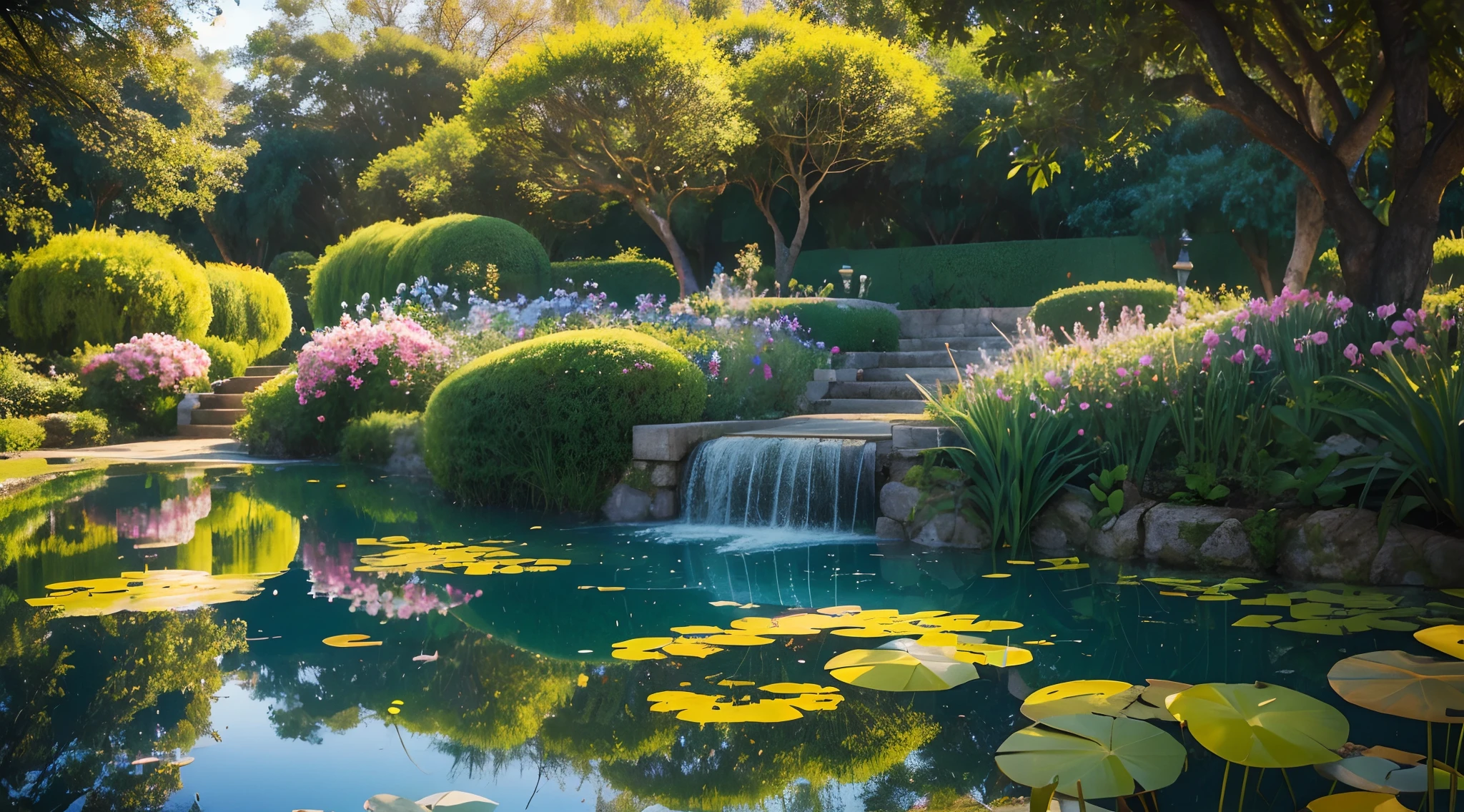 There is a garden with a pond and a bridge, jardim com varias flores coloridas e arvores frutiferas, um lago no meio dividindo a paisagem em duas, uma ponte que liga as duas extreminadades, great quality, dynamic light, dynamic shadows, fotografia profissional, melhor qualidade, paisagem dos sonhos, divine lighting, Fantastic lighting, Jardim encantado