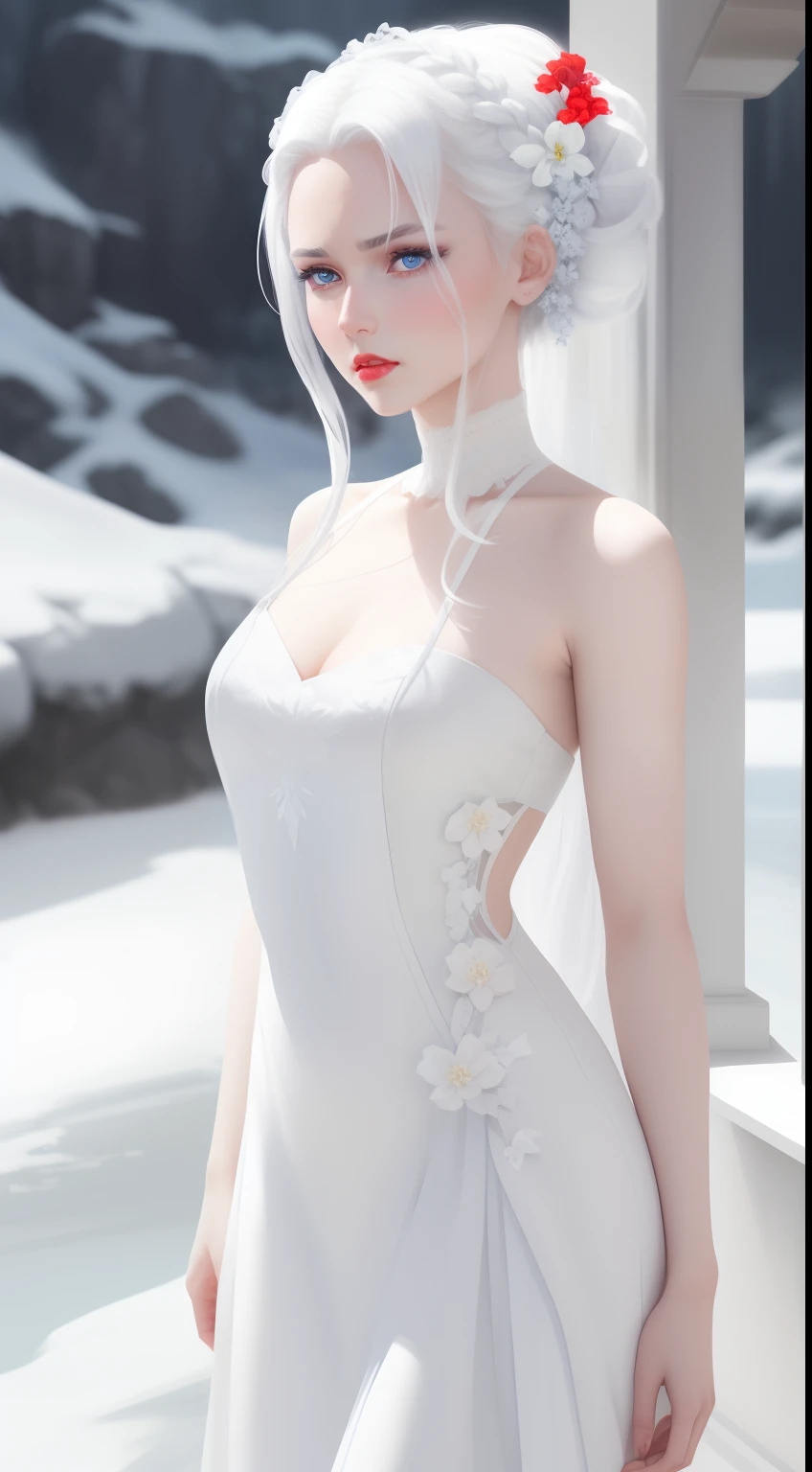 very beautiful girl, hair tied back, white hair, flower decorations in her hair, pure white skin, very detailed blue eyes, red lips, standing, slightly angry facial expression, wearing a white dress, all white, scenic background  very beautiful and detailed, (very detailed), (4k ultra hd)