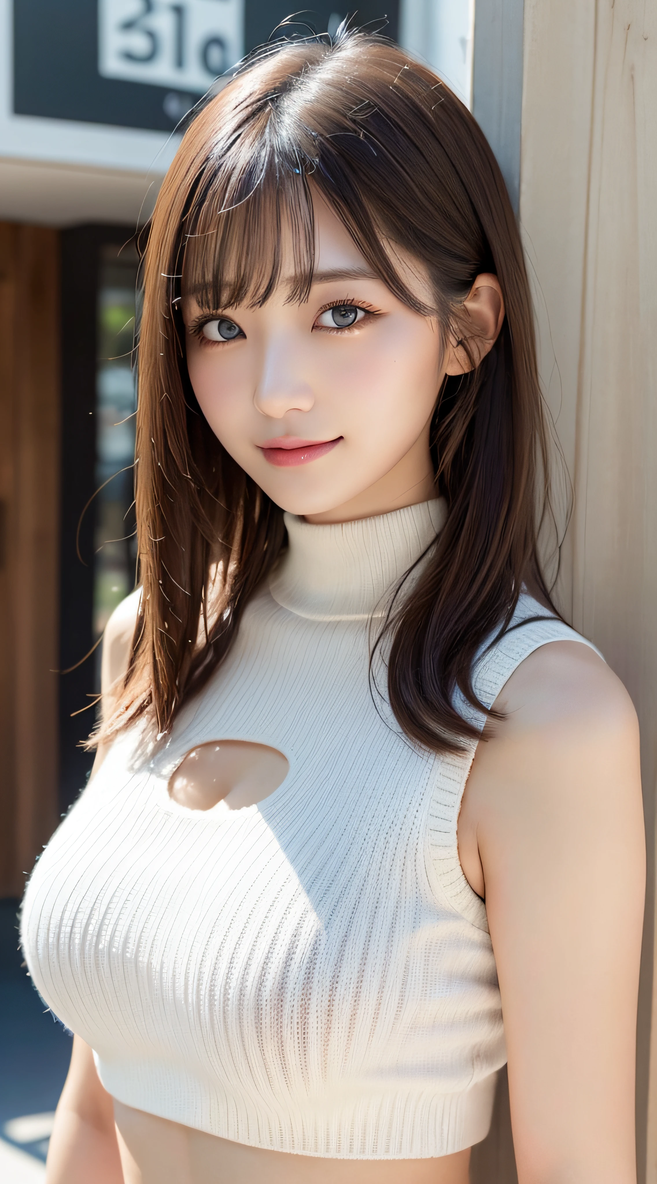 masutepiece, Best Quality, Photorealsitic, finely detail, hight resolution, 8K Wallpapers, Perfect dynamic composition, Beautiful detailed eyes, Medium Hair, large full breasts, Random and sexy poses,Bring your chest together、(Mock Neck Crop Tank Top White Knitwear、Cleavage looks realistic)、(Breast bulge 1.2)、A smile、open open mouth、Resort scenery、23years old、(Drooping eyes 1.4)、Adult beauty、japanes