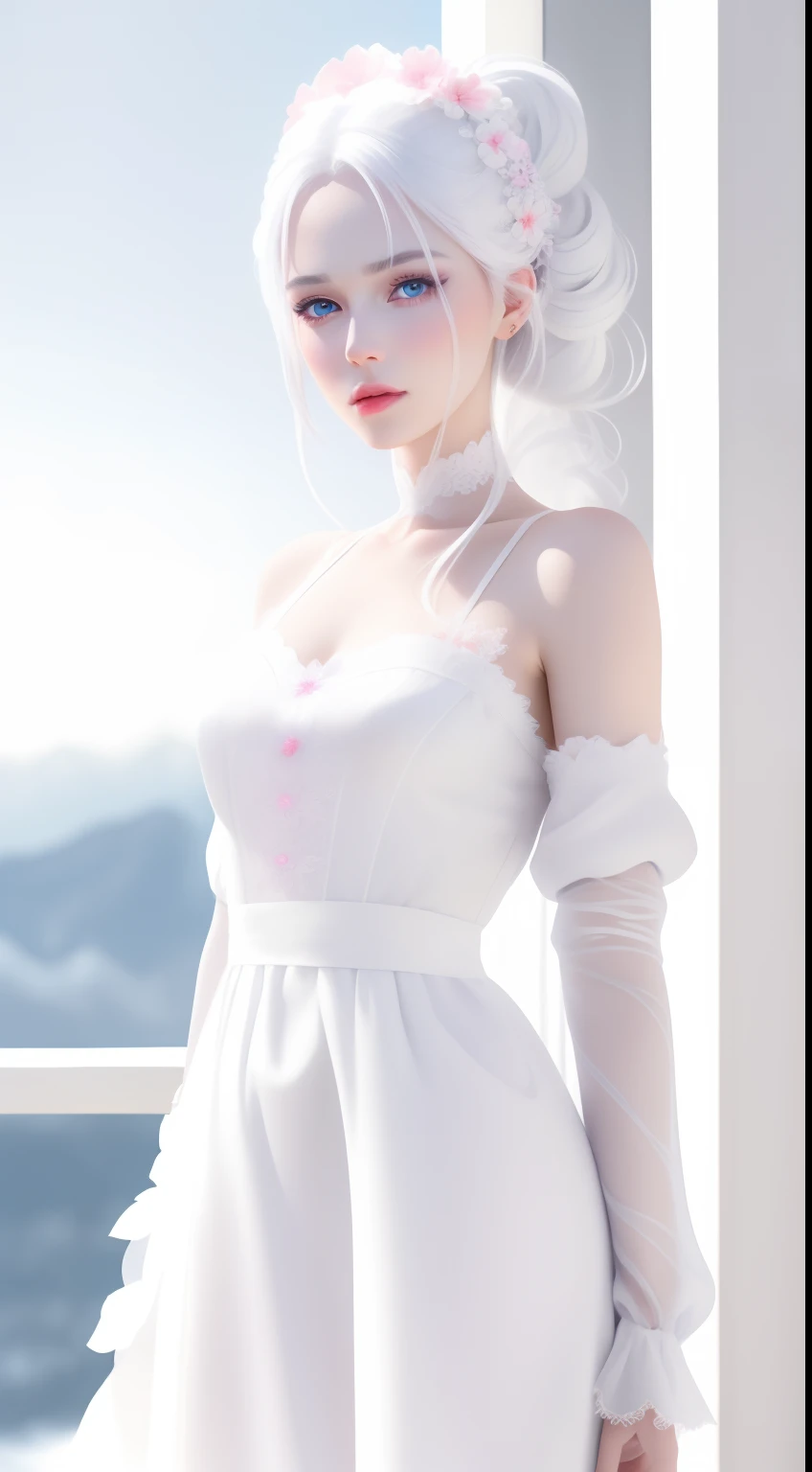 very beautiful girl, hair tied back, white hair, flower decorations in her hair, pure white skin, very detailed blue eyes, pink lips, standing, slightly angry facial expression, wearing a white dress, all white, scenic background very beautiful and detailed, (very detailed), (4k ultra hd), (full body image)