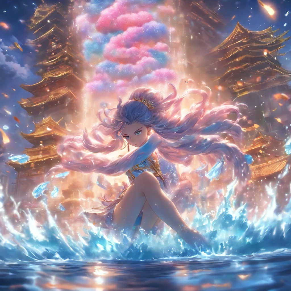 (Masterpiece, Best quality), 1girll(atenea_Asamiya Palace), Gymnastics girls，Rolling，highly detailed surreal vfx，China ink painting，Smudge，Jets of water surround you，Resistant to gravity water jets，Spiral，China-style，中景 the scene is，super-fine，ultra - detailed，high qulity，8K ，中景 the scene is，Full body like，oc rendered
