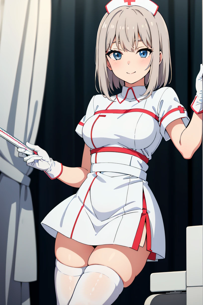 Itsumi Erika, bangs, solo, nurse, ((white nurse cap, white nurse's outfit)), ((white legwear, zettai ryouiki)), white gloves, smile, standing, hospital room, sharp outline, short sleeves, best quality, masterpiece