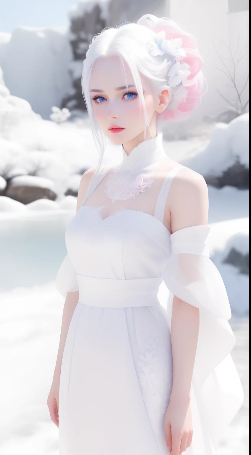 very beautiful girl, hair tied back, white hair, flower decorations in her hair, pure white skin, very detailed blue eyes, pink lips, standing, slightly angry facial expression, wearing a white dress, all white, scenic background very beautiful and detailed, (very detailed), (4k ultra hd), (full body image)