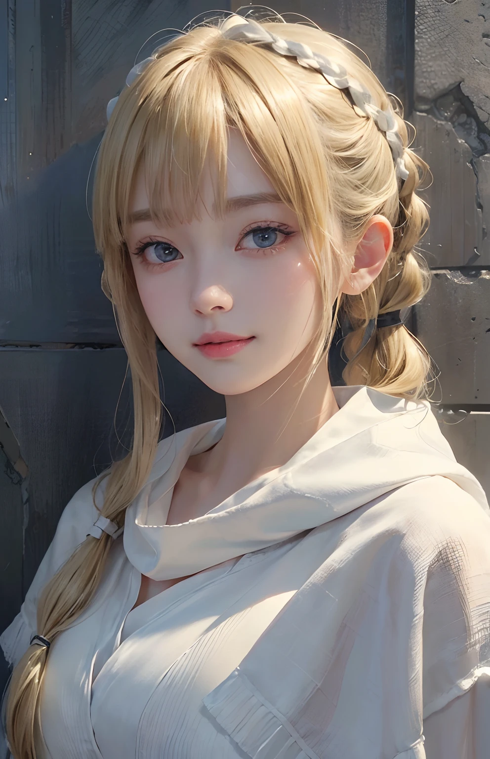 (A hyper-realistic)、(illustratio)、(hight resolution)、(8K)、(ighly detailed)、(Best Illustration)、(beautifully detailed eyes)、(top-quality)、(ultra-detailliert)、(masterpiece)、(wall-paper)、(A detailed face)、独奏、1 girl in、looking at viewert、fine detailed、A detailed face、in the darkness nigth、deep-shadows、lowkey、pureerosfaceace_v1、A smile、short twintails、white Shawl、46-point diagonal bangs、a blond