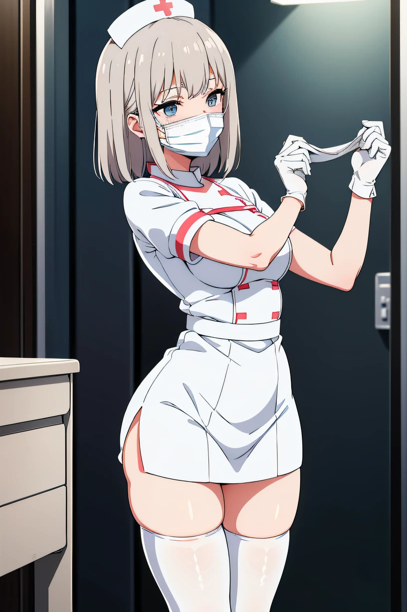 Itsumi Erika, bangs, solo, nurse, ((white nurse cap, white nurse's outfit)), ((white legwear, zettai ryouiki)), white gloves, ((white surgical mask, covered nose)), standing, hospital room, sharp outline, short sleeves, best quality, masterpiece