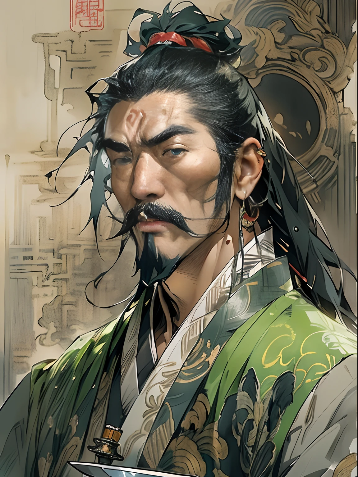 (((China-style,Ink painting method,Half-length portrait,Intense color,Han dynasty, China,Hanfu,Armor,Guan yu,Guan Yunchang,of a guy,Ruddy killing square face,Hold it with your right hand(Close the knife)Qinglong Weir Moon Knife,Stroke your beard with your left hand,Long hair,petty eyes,Green robe))), (((best qualityer))), (((tmasterpiece))), (((AS-Adult))), ((( Japanese ))), Look up from your knees, Handsome Asian samurai,perfect body figure, Modern samurai, ((( Asian))), Wear gloves on your hands,The left arm is made of steel and metal tips,Made of protective devices, The eyes are pulled, (( Appears below the chest )), (( Small dental floss )), Simon Bisley, Almost naked(Simon Bisley)Castle City Wilderness,For high-resolution posters, hair straight, Minimum clothing, armure (Crazy clothes ), Full of tips and rivets, tribal tattoos, (((full bodyesbian))), Straight brunette hair,Colored hair ends