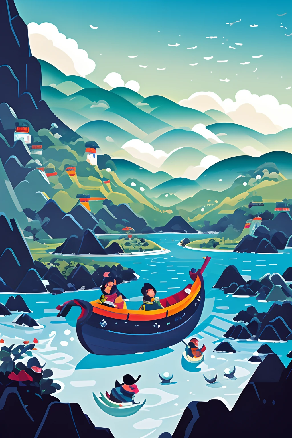 A serene flat illustration by Victo Ngai，Wu Guanzhong's style was adopted，It depicts a journey on the river inspired by Li Bai's poems。Soft blues and grays create an otherworldly atmosphere，The characters set off from White Emperor City。The misty mountains and tranquil rivers are captured with delicate lines，It evokes a sense of eternal beauty and introspection。The melody of nature echoes in the air，Viewers are invited to immerse themselves in a tranquil journey。HD --ar 3:4 --s 400 --niji 5