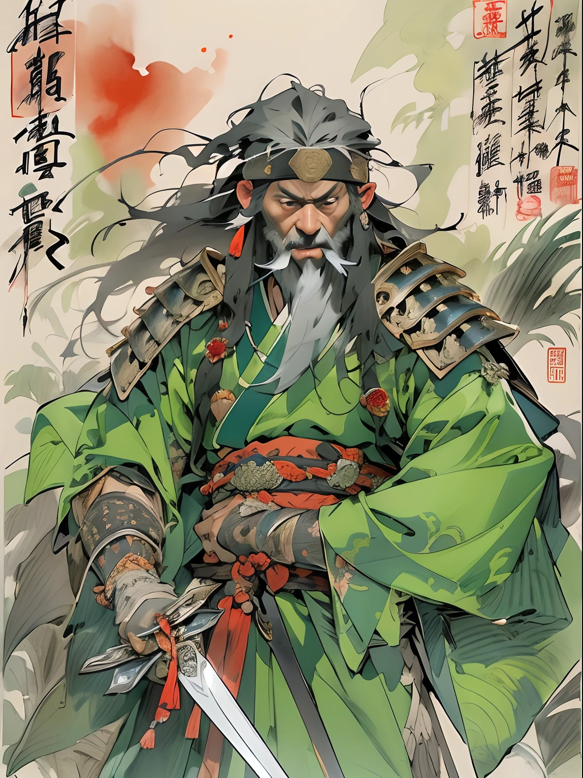 (((China-style，Ink painting method，Half-length portrait，Intense color，Han dynasty, China，Hanfu，Armor，Guan yu，Guan Yunchang，of a guy，Ruddy killing square face，Hold it with your right hand(Close the knife)Qinglong Weir Moon Knife，Stroke your beard with your left hand，Long hair，petty eyes，Green robe))), (((best qualityer))), (((tmasterpiece))), (((AS-Adult))), ((( Japanese ))), Look up from your knees, Handsome Asian samurai，perfect body figure, Modern samurai, ((( Asian))), Wear gloves on your hands，The left arm is made of steel and metal tips，Made of protective devices, The eyes are pulled, (( Appears below the chest )), (( Small dental floss )), Simon Bisley, Almost naked（Simon Bisley）Castle City Wilderness，For high-resolution posters, hair straight, Minimum clothing, armure (Crazy clothes ), Full of tips and rivets, tribal tattoos, (((full bodyesbian))), Straight brunette hair，Colored hair ends
