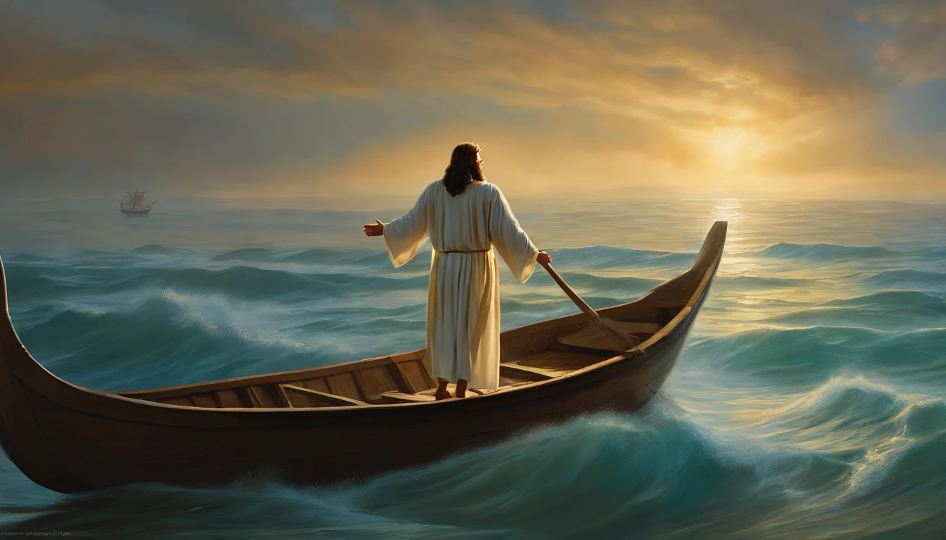 Painting of Jesus walking on water with a boat in the background, an illustration by David G. Sorensen, Shutterstock, arte conceitual, Jesus walking on water, bible illustration, forcing him to flee, desembarque, epic biblical representation, Pedro, saindo do oceano, Jesus, dramatic artwork, dramatic illustration, dramatic situation, ( Arte Fitzpatrick ) Jesus takes Peter by the hand, e o impede de se afogar. Textura de pela verdadeira