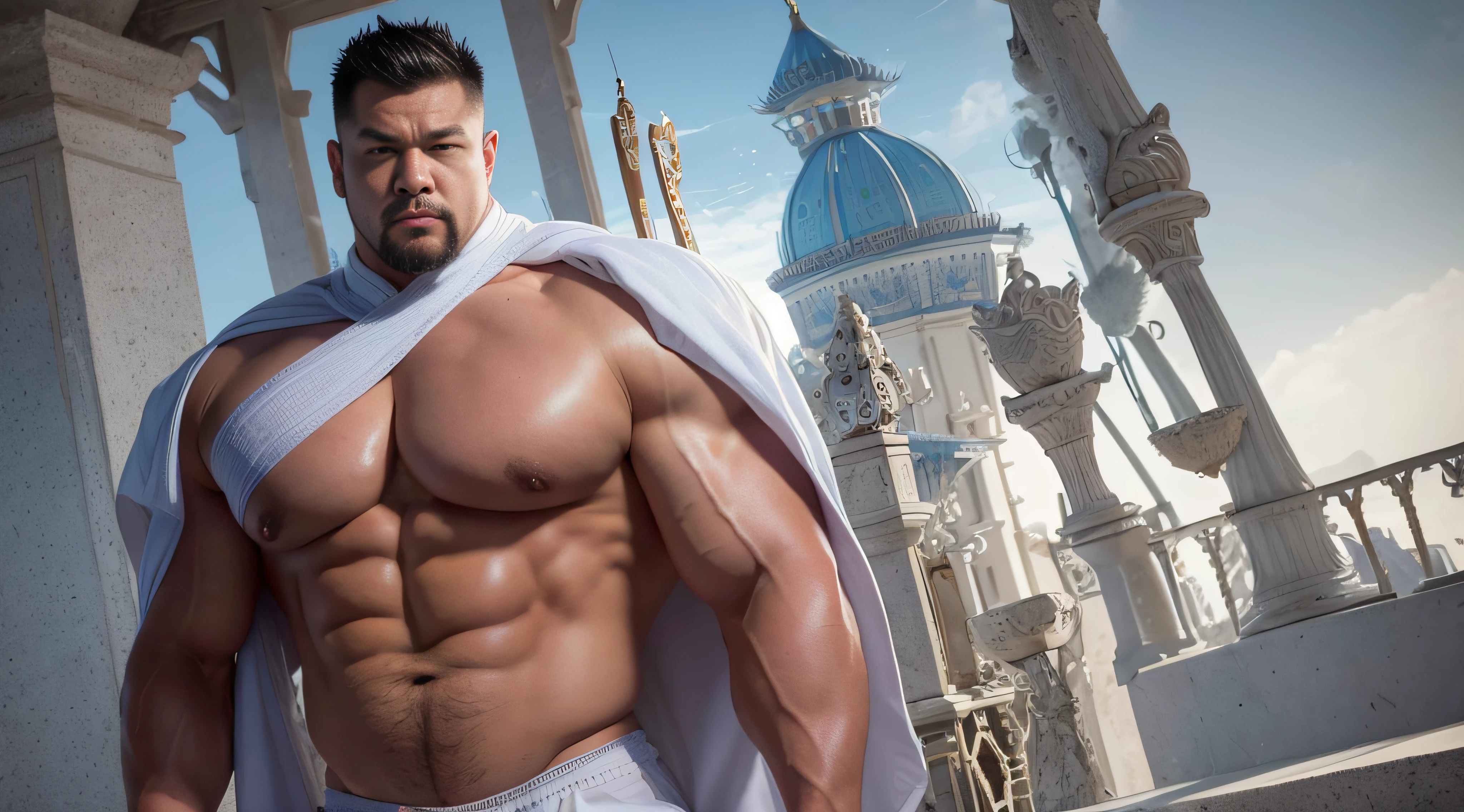 Elegant Chinese strong man, Strong physique, White robe, White Arabic pants, Light blue noble shirt, White boots, Messy light blue hair, A satisfied expression, Short hair, dark strong blue eye, Noble appearance, Armed with a silver spear, Ancient castle, medieval environment.short detailed hair，Short beard perfect figure with tattoos, Very huge and strong body, Bulging muscles, musculous, Very large pectoral muscles，Very sexy abs，The legs are muscular，Tall and mighty，Exposed Body，Tall and burly，toned figure，Huge genital bulging area，Brightens oily skin，Muscular。