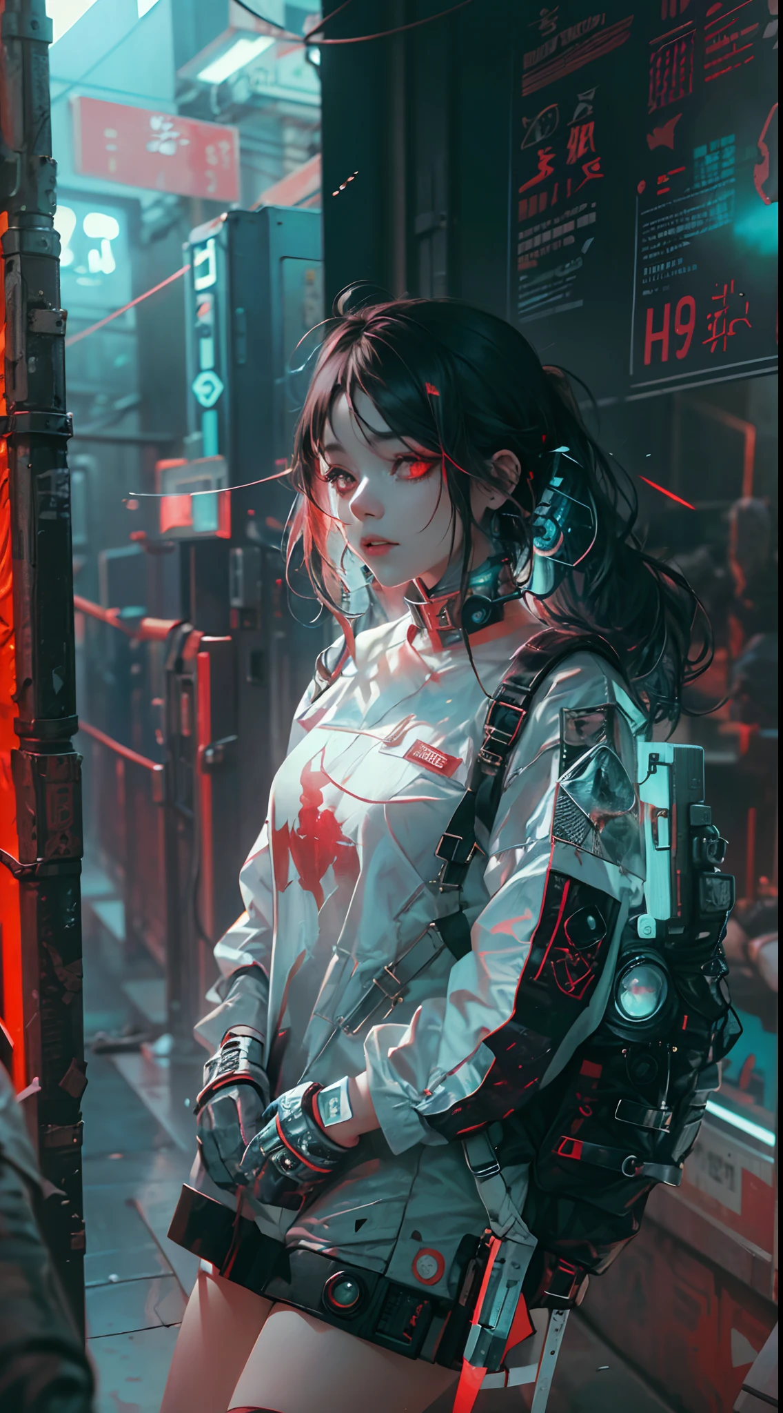 (1girl in)、(Plump beauty)、(Black hair)、(30-years old)、(Top image quality)、(8K picture quality)、(cyberpunked)、(masutepiece)、 (Flickering of light)、(Wear a cyberpunk military uniform)、cinematric light, Cinema Shadow, Sharp Image, Extremely detailed, Volumetric, Bright sprites, particles effect, beautiful effects, Vivid colors, neons, Neon light, Highly detailed image textures, detailed hairs, Detailed eyes, city、Dark hair、Eyes glow、(Red aura emanating from clothes:1.5)、Photo from the knee up、