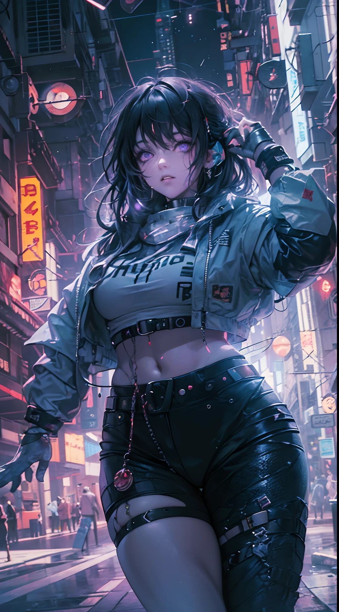 1 girl ,tmasterpiece, Best quality at best, ultra - detailed, illustratio, Cyberpunk rebel hacker style: Future city quality: Sharp and dynamic, Depict a character: Tech-savvy roles are inspiring: Neon city lights reflect her cybernetically enhanced shadowold contrasts accentuated her confident and bold outfit: High-tech tights leather jacket, Augmented reality glasses background: A gritty back alley filled with holographic graffiti and neon lights