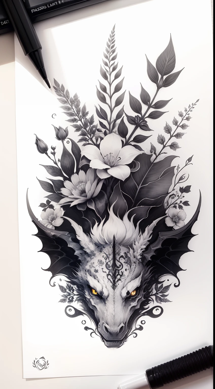 dessin stylo encre, dragon fleur logo, florale, entrelacer fleur et dragon