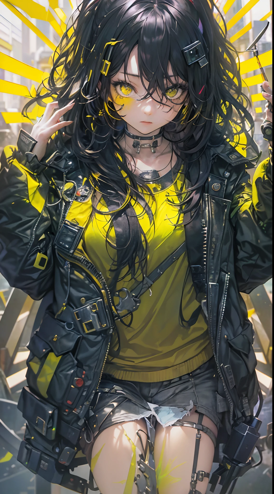 (1girl in)、(Plump beauty)、(Black hair)、(30-years old)、(Top image quality)、(8K picture quality)、(cyberpunked)、(masutepiece)、 (Flickering of light)、(Wear a cyberpunk military uniform)、cinematric light, Cinema Shadow, Sharp Image, Extremely detailed, Volumetric, Bright sprites, particles effect, beautiful effects, Vivid colors, neons, Neon light, Highly detailed image textures, detailed hairs, Detailed eyes, city、Dark hair、Eyes glow、(Yellow aura emanating from clothes:1.5)、Photo from the knee up、
