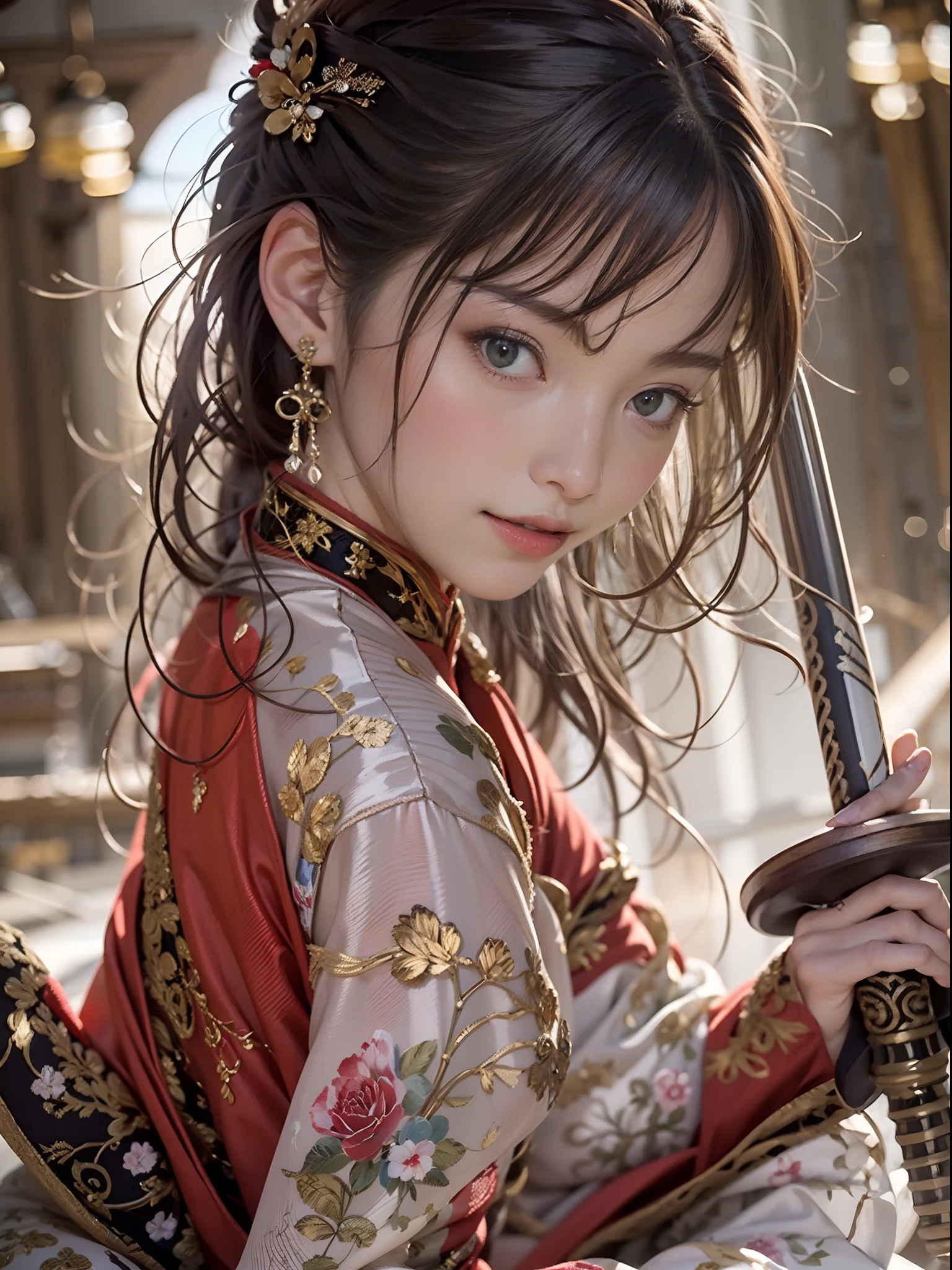 UHD, Masterpiece, High Quality, High Detail, Top Quality, Hi-Res, HD, 16k, 8k, 4K, Award-Winning BREAk, Surrealism, Realism, Depth of Field, Cinematic Lighting, Backlight, Symmetry, Bokeh, f/1.8, Eye Level Shot, 35mm, Hasselblad, Very Delicate and Beautiful, Very Detailed, Amazing, Fine Detail, Masterpiece, Best Quality, Official Art, Absurd, Incredibly ridiculous, Huge file size, Ultra detailed, High Definition, Very detailed, Beautiful detailed girl, (Cowboy Shot: 1.25), Break, Hair behind the ears, Happy tears, Flowing tears, (Serious smile: 1.35), Very detailed eyes and face, Beautiful detailed eyes, Face light, 18 years old, (Red luxury cheongsam: 1.3), (Fantasy themed clothes: 1.3), Detailed clothes, (black long straight hairstyle: 1.2), detailed hair, (slender: 1.15), (huge breasts: 1.25), perfect anatomy, perfect proportions, (Ancient Chinese room background: 1.25), detailed background, (looking at the viewer, facing the viewer: 1.15), (seductive model pose, spreading the legs, leaning forward, hands between the legs, from below, low angle: 1.25), ancient Chinese chamber light, holding a sword, holding a Japan sword, samurai, samurai,